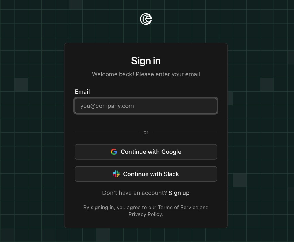 The Ethira sign-in screen, with options to continue with email, Google, or Slack.